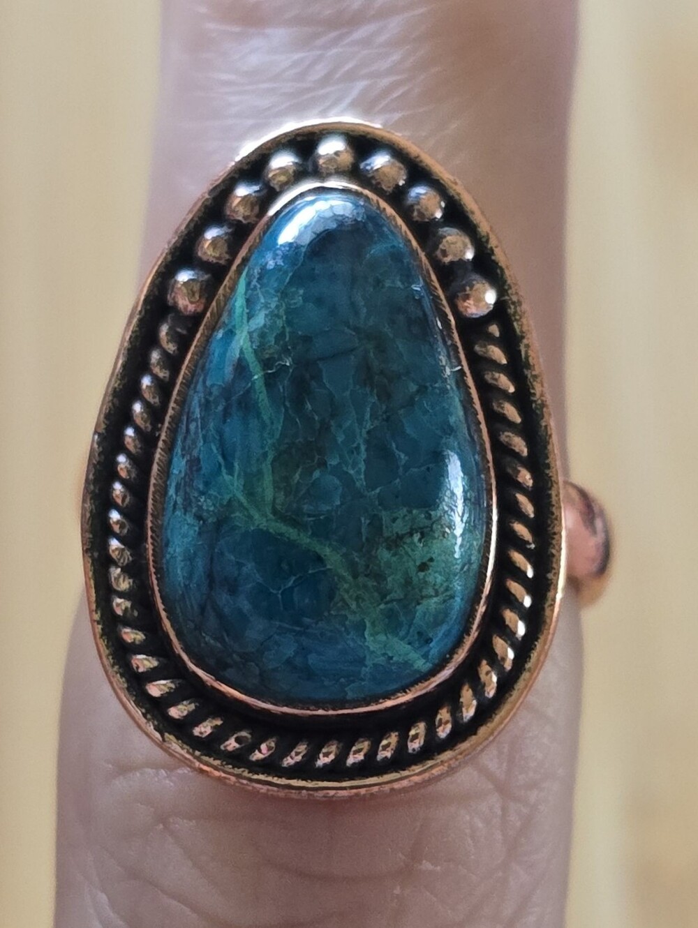 Teardrop-shaped Shattuckite Copper Ring, Southwestern